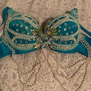 Blue And pearl burlesque bra